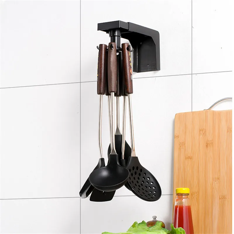 Kitchen Rack 360 Rotating Shelf Non-drilling Wall-mounted Household Knife Rack Hanger Spoon Holder Kitchen Accessories
