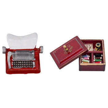

Vintage Typewriter Dollhouse Miniature 1:12 Scale Fairy Doll & 1:12 Miniature Vintage Sewing Box with Lid Winered