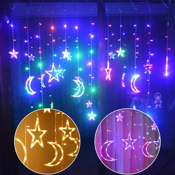 

Sale LED Fairy Curtain Light 3.5M Moon Star Pentagram Garland Lamp String Light For Christmas Holiday Wedding Decoration EU Plug