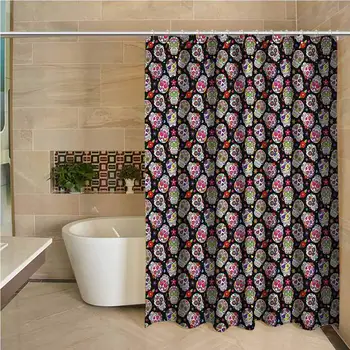 

Sugar Skull Odorless Waterproof Shower Curtain All Souls Day Floral Colorful Sugar Skulls Flowers on Dark Background Print Large