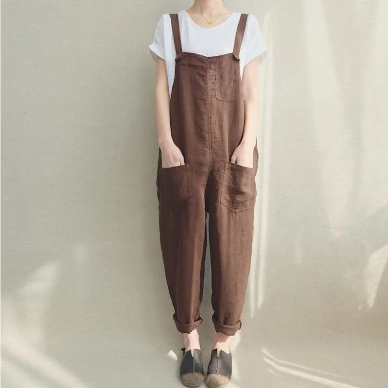 Women Solid Color Cotton Linen Jumpsuit Ladies Vintage Loose Overalls Rompers 2020 Women Solid Color Cotton Linen Jumpsuit Ladies Vintage Loose Overalls Rompers 2020