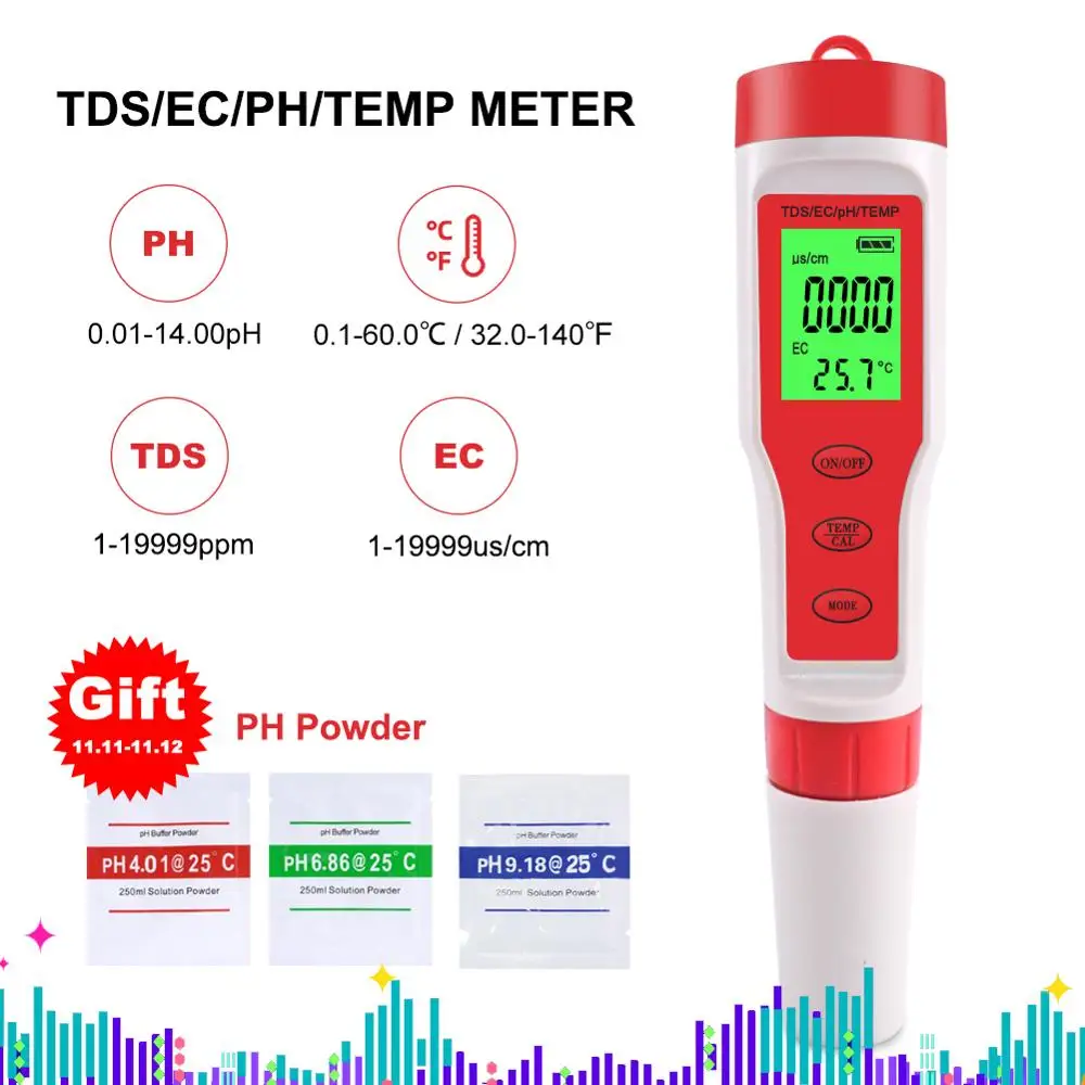 Comprar Medidor de PH TDS EC temperatura de 4 en 1 probador de calidad del agua Digital para piscinas, agua potable, acuarios