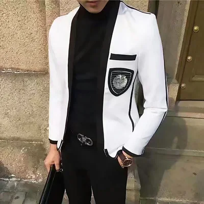 

100%real mens luxury white with black binding slim jacket/fashion model tuxedo jacket/ASIA SIZE