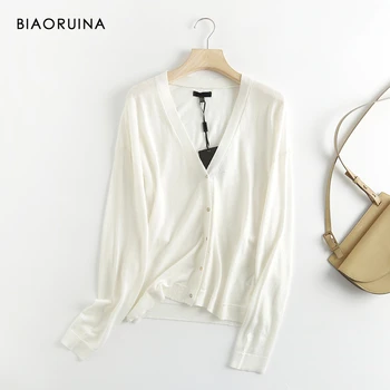 

BIAORUINA Women's Loose Solid Color Single Breasted V-neck Thin Knitted Cardigan Minimalist Casual Comfortable Autumn Sweater