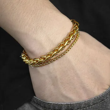 

Men's Double Chain Bracelet Stainless Steel Curb Cuban Link Chain Bracelets 2018 Male Jewelry Gifts Dropshipping 8/9mm KDBM27
