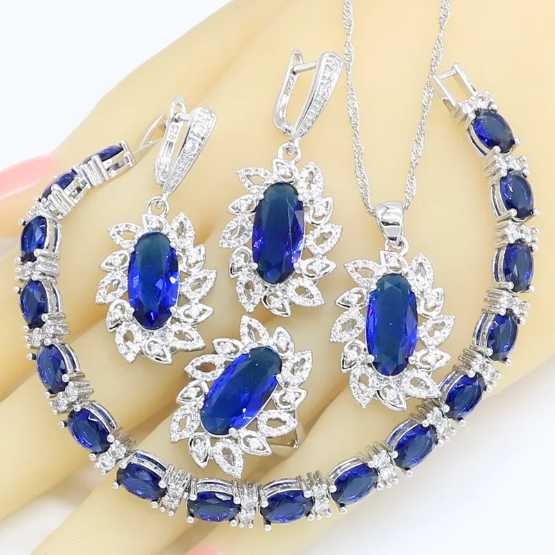 

925 Silver Jewelry Sets for Women Geometric Blue Semi-precious Bracelet Earrings Ring Necklace Pendant Gift Box