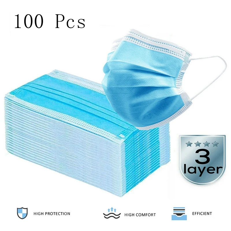 

Disposable Mask Anti-virus 100pcs Non Woven Disposable Face Mask 3 Layers Anti-dust Activated Carbon Filter Windproof Masks