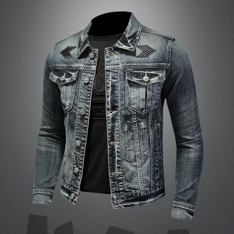 2021Spring Autumn High Quality Men's Pure Color Patch Cloth Single Breasted Slim Retro Motorcycle Long Sleeve Men's Denim Jacket bomber jacket