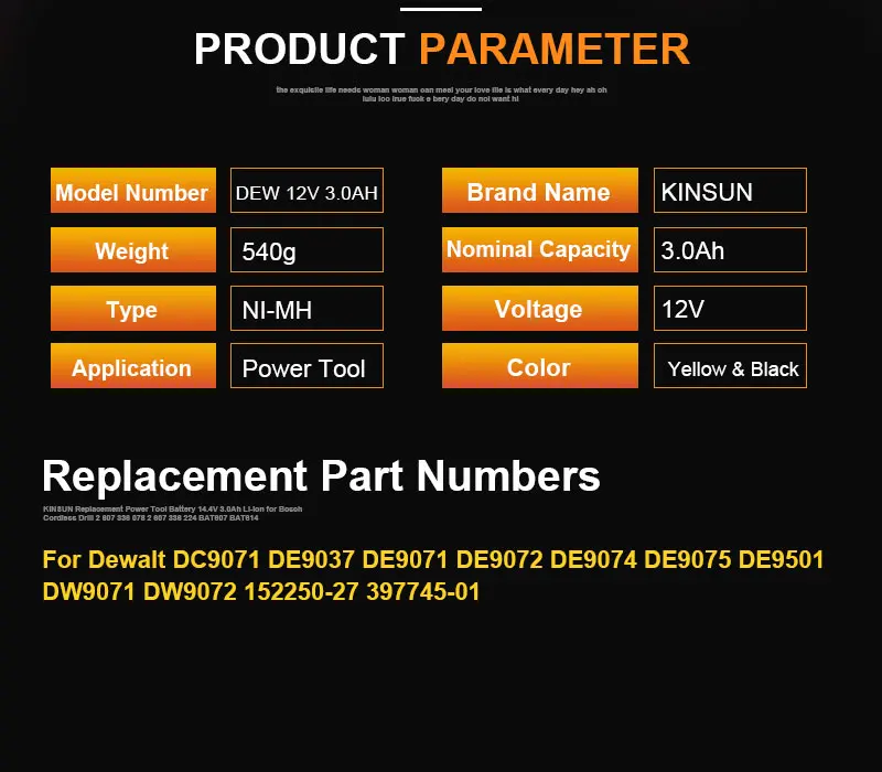 KINSUN сменная батарея электроинструмента 12 В 3.0Ah Ni-MH для Аккумуляторная дрель DEWALT шуруповерт DC9071 DE9037 DE9072 DE9074 DE9075