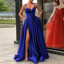 Robe de soirée en Satin bleu royal, bretelles spaghetti, décolleté en cœur, sexy, fente latérale, ligne A A, robe à fente haute 