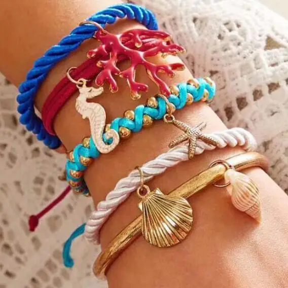 

Bohemian Blue Rope Chain Bracelets Bangles For Women Fashion Sea Shell Gold Color Bangle Bracelets Sets Jewelry Gifts