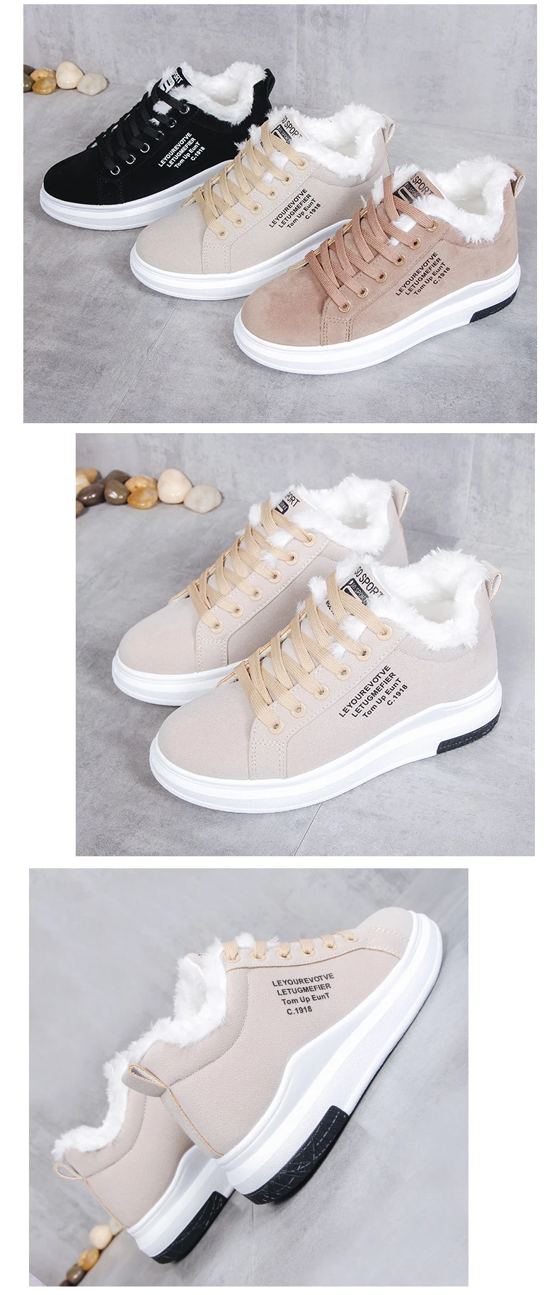 Women Plush Lining Ankle Boots Beige/Black/Brown Female Lace-Up Fur Shoes Winter Casual Ladies Shoes Woman Sneakers