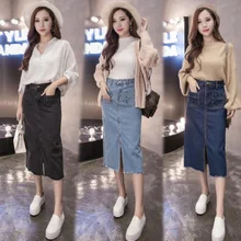 Весенне-осенняя женская джинсовая юбка стильная юбка для похудения юбка с карманом с разрезом и высокой талией Повседневная прямая Однотонная юбка