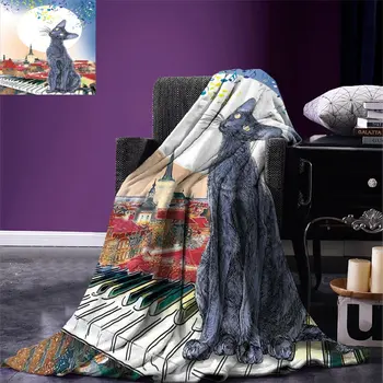 

Cat Throw Blanket Black Cat on Rooftop of Old Apartment in Sunset Horizon with Musical Notes and Keyboard Warm Blanket for Bed