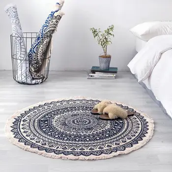 

46Hand-knitted cotton and linen round rug Nordic style stylishly carpet decorated bedroom living room and kitchen