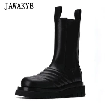 

JAWAKYE New Wave Pattern Mid Calf Boots Women Simple Round Toe Platform Shoes Genuine Leather Runway Shoes Winter Booties Woman