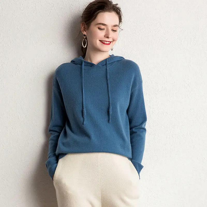 Женские свитера наивысшего качества с капюшоном коза, кашемир вязальные Джемперы Женские Пуловеры 4 цвета со шляпой свободные женские джемперы - Цвет: Синий