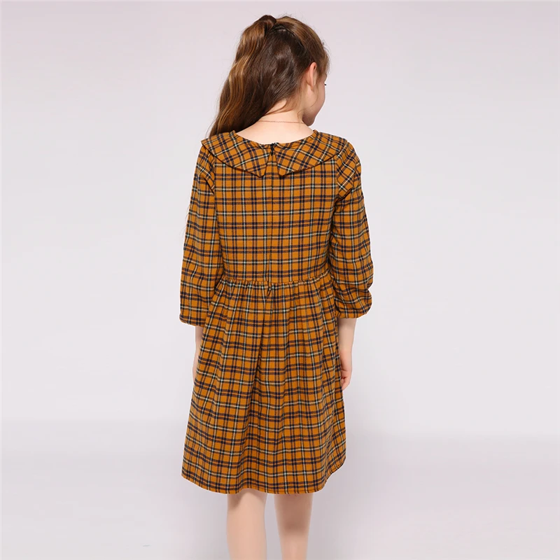Kseniya Kids Wholesale Peter Pan Collar Bow Plaid Girl Dress Long Sleeve For 2 to 9 Years
