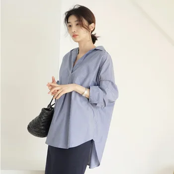 

LANMREM 2020 New Spring Lapel Single Breasted Stripe Women Shirt Korean Loose Casual Student Irregular Blouser Tide PD074