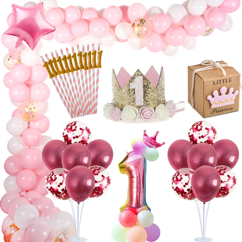 

MEIDDING First 1St Birthday Party Decors Girl Baby Shower Decoration Oh Baby Number Balloons Photo Banner Kids Pink Gifts