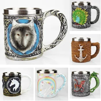 

Tankard Mugs Inox Skull Mug Contain Wolf Peacock Dragon Unicorn Anchor 3D Design Coffee Beer BEST Gift