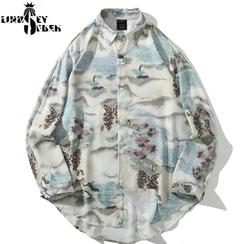 

Mens fashion patchwork Shirt Hip Hop Shirts geometric Harajuku Japanese long Sleeve thin jacket Casual Streetwear Autumn outwear