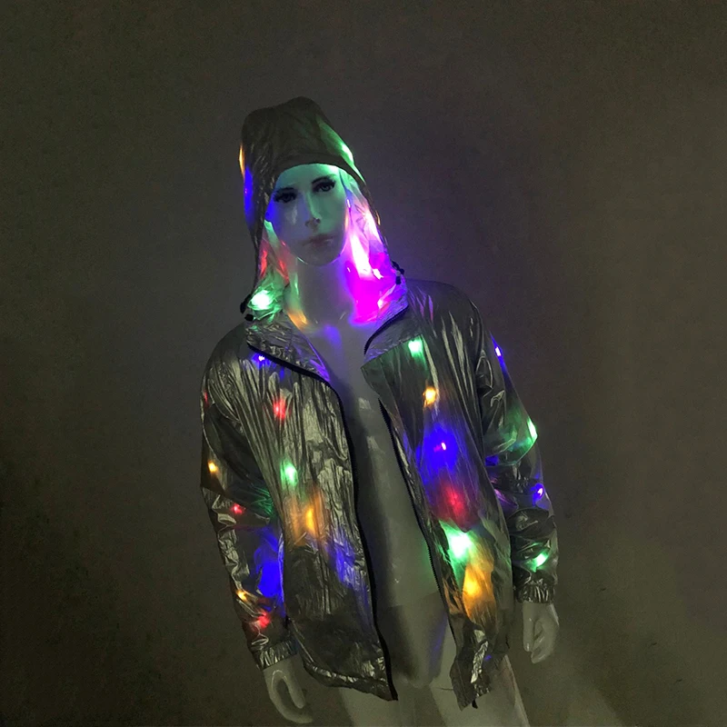 

Halloween LED Hooded Stage Jacket for Men Holiday Season Sparkling LED Light Up Silver Jacket Coat Plus Size Nightclub Clothes