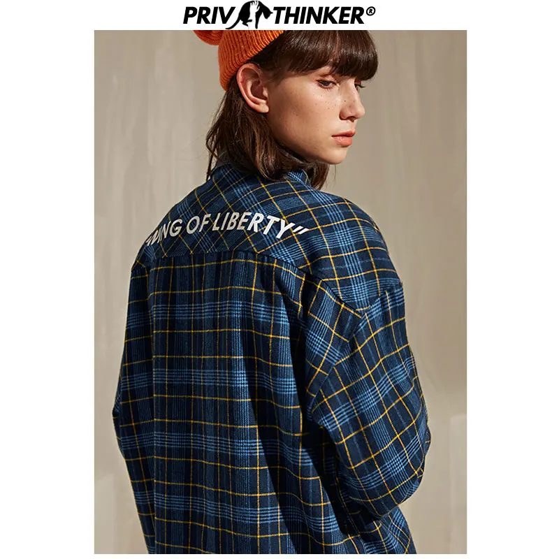 Privathinker, женские хип-хоп рубашки с карманами, японские женские свободные клетчатые рубашки, Женская Осенняя новая уличная одежда, полосатая Свободная рубашка