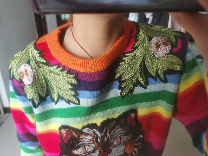 TVVOVVINFashion, Женские флисовые свитера,, зима, новинка, Повседневный, Круглый ворот, вышивка, полосатый, хлопок, пуловер, дикий, вязаный свитер, H905