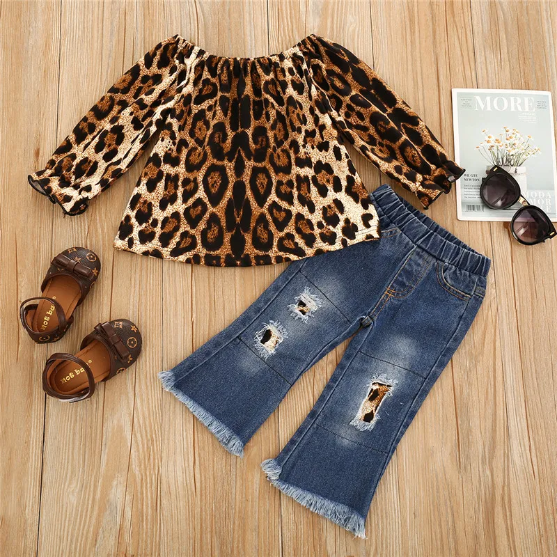

Baby Girls Clothes Toddler Newborn Baby 2PCS Outfit Set Casual Long Sleeve Leopard Top+Denim Flared Pants Set  