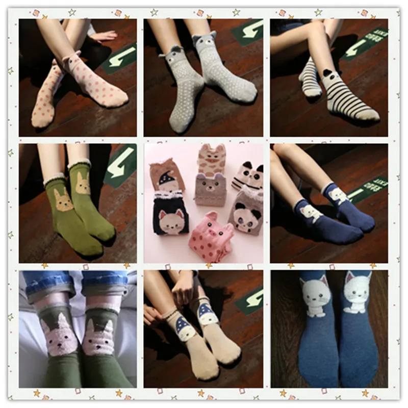 Длинные хлопковые носки для женщин, милые осенне-зимние женские носки, милые женские носки с объемными ушками животных, панды, свинки, жирафа, Мультяшные носки