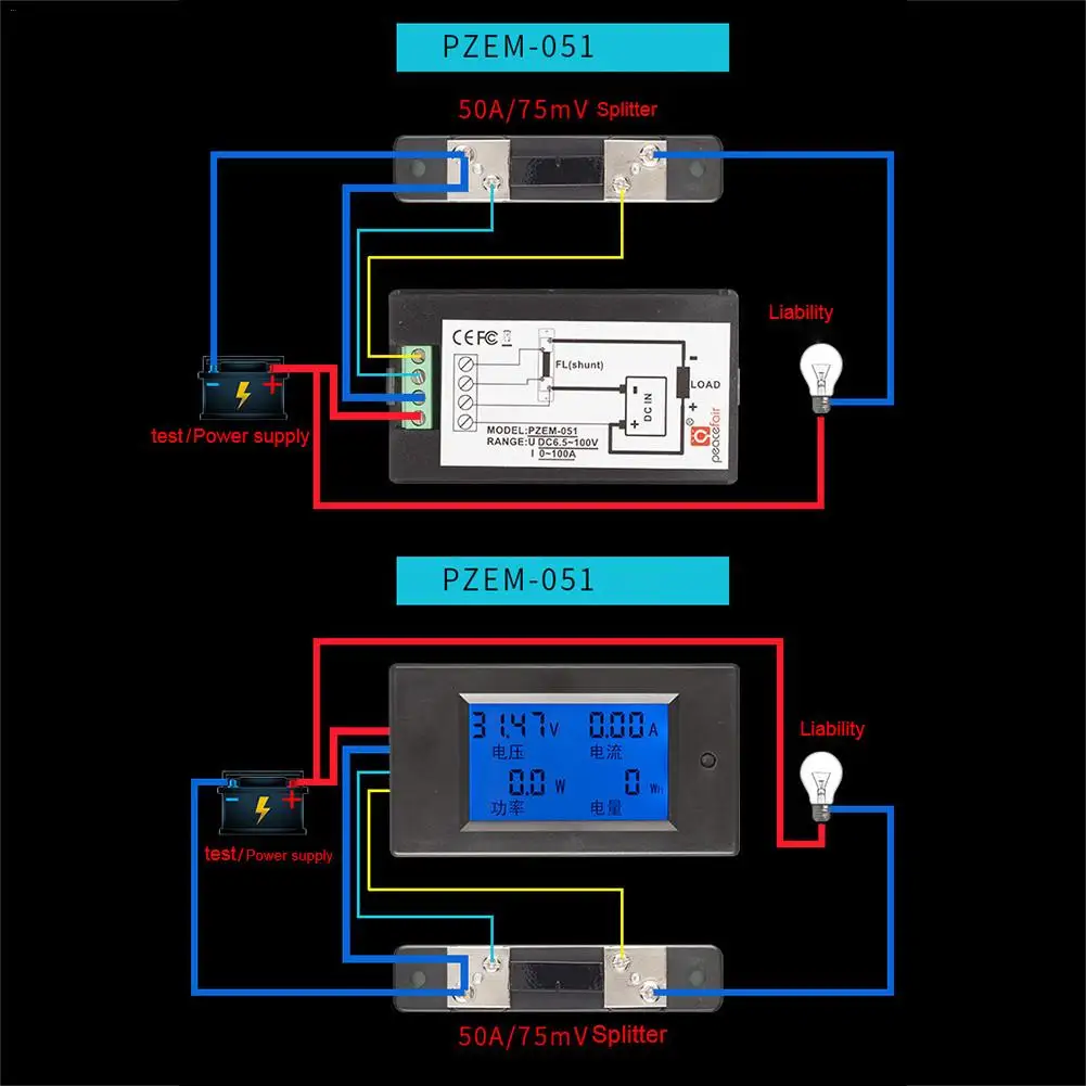 DC 6,5-100 V 0-100A ЖК-дисплей цифровой Ток Напряжение Мощность счетчик энергии мультиметр Амперметр Вольтметр с 100A Токовый Шунт