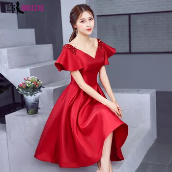 

Red Short Evening dresses Elegant A Line Fashion Simple satin Wedding Party Formal Gowns Special Occasion Christmas Dress ES1641