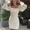 Yimunancy Square Collar Bodycon Dress Women Long Sleeve Dress Autumn Drawstring White Dress Robes ► Photo 2/6