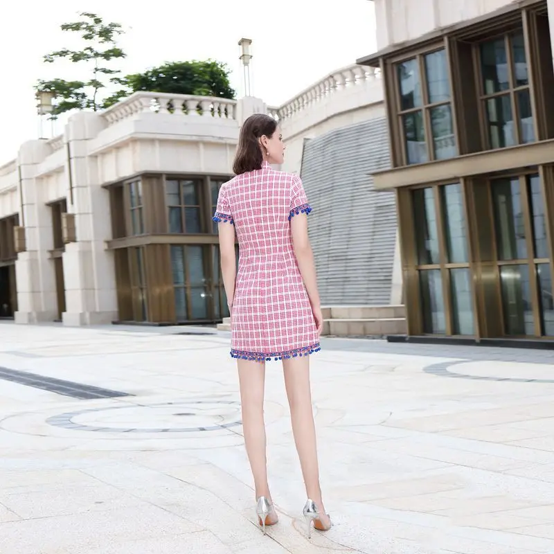 

Vintage Stand Collar Plaid Female Slim Sleeve Elegant A-Line Short Dress Summer New Sweet Pink Cheongsam S-XL