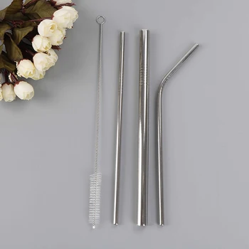 

New 3pcs/lot Stainless Steel Reusable Metal Straws Drinking Straws +1 Pc Cleaner Brush With Pouch Bag