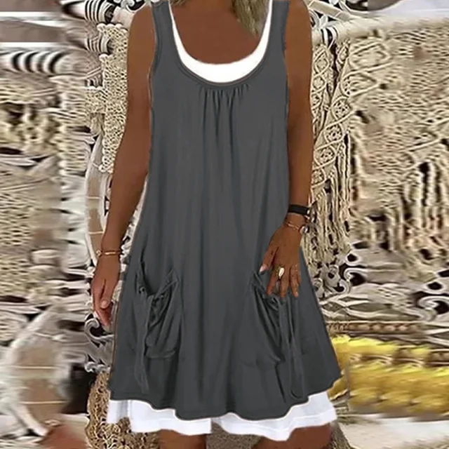 Summer Patchwork Short Dress Women 2021 Casual O Neck Pocket Party Dress Ladies Sleeveless Loose Beach Dresses Plus Size 04