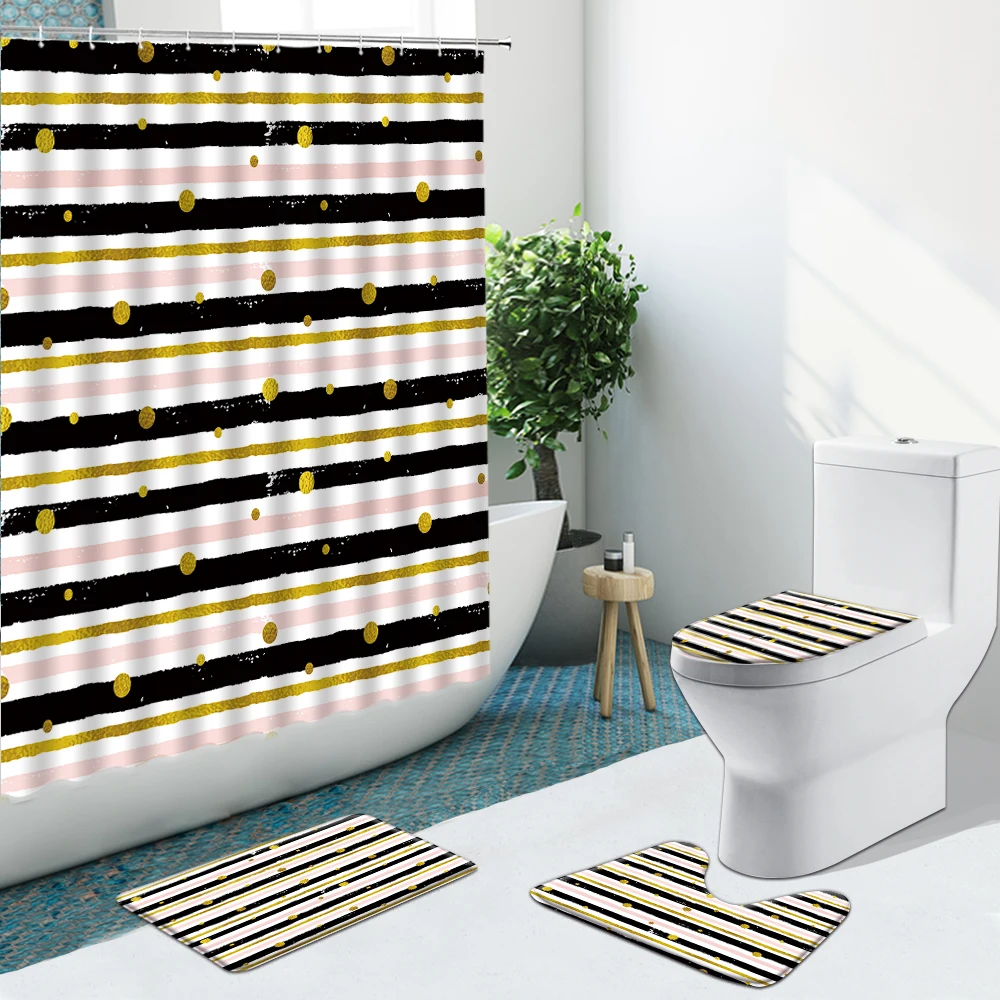 

Simplicity Geometric Striped Dots Bathroom Set Shower Curtain Non-Slip Rugs Flannel Toilet Cover With Hook Bath Mat Indoor Decor