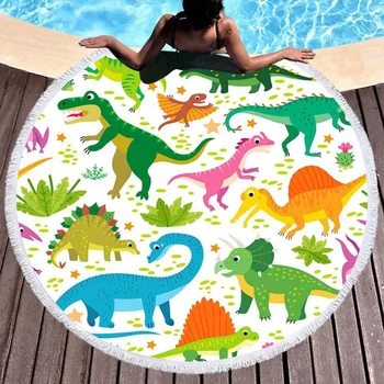 

3D Cartoon Dinosaur Printed Beach Towel Women Large Bath Towel Beach Thick Round Fabric Quick Compressed Towel Tapestry Yoga Mat