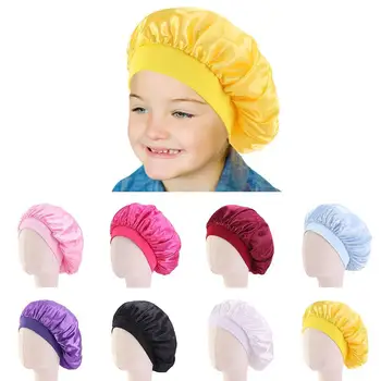 

Kids Satin Bonnet Cap Solid Color Turban Chemo Hat Elastic Sleep Wide 8Colors Girl's Skullies Night Cap Band Solid Beanies U5F9