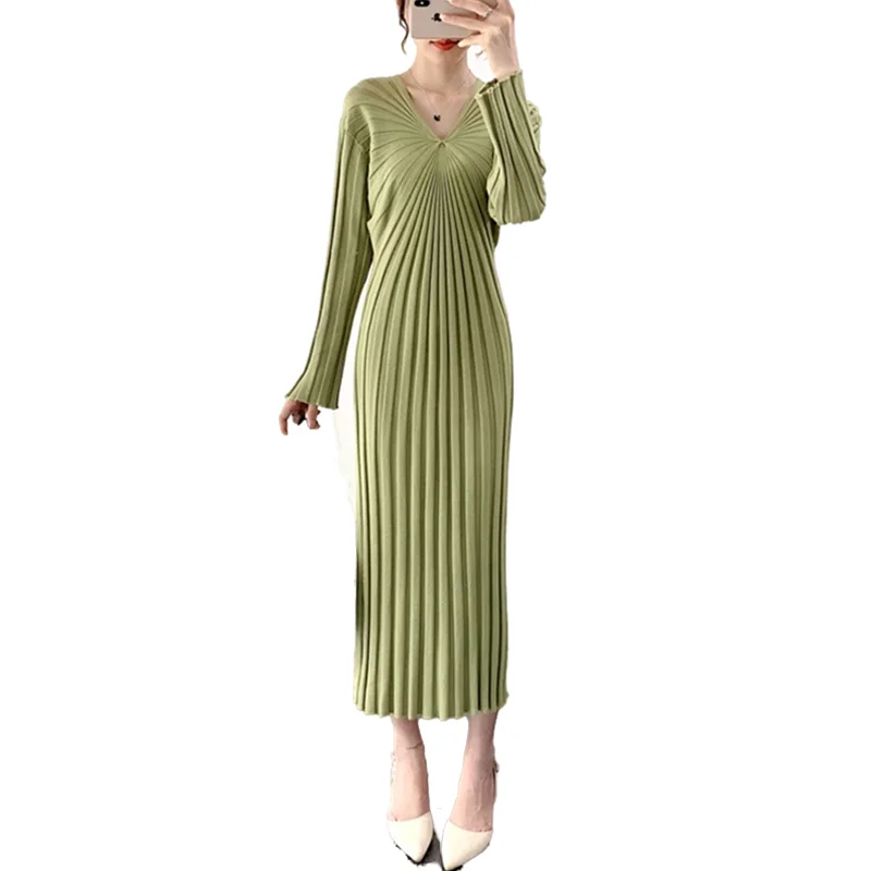 

autumn winter long sleeved women sweater dress sexy v neck female elasticity slim bodycon knit long dress