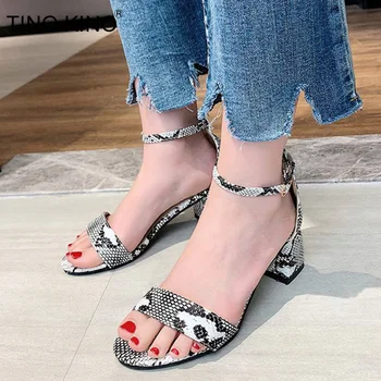 

2020 Summer Women Buckle Strap Sandals Cover Heel Shoes Snakeskin Open Toe PU Leather Casual Fashion Ladies Footwear Female