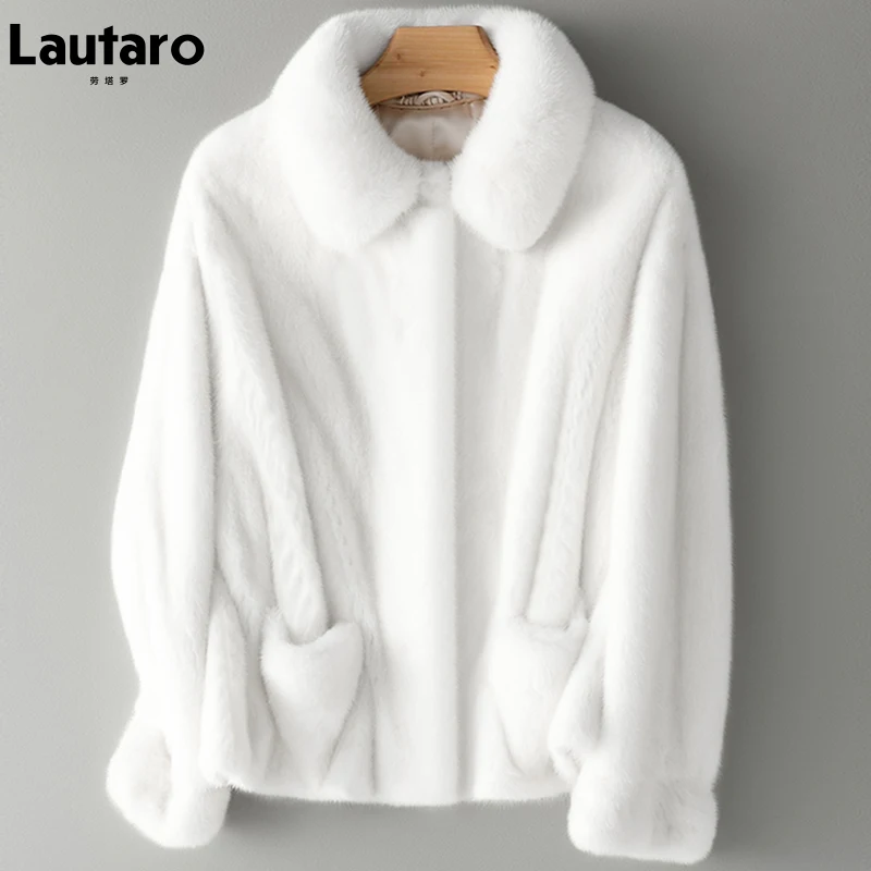 Lautaro Winter Short White Thick Warm Faux Mink Fur Coat Women Pockets