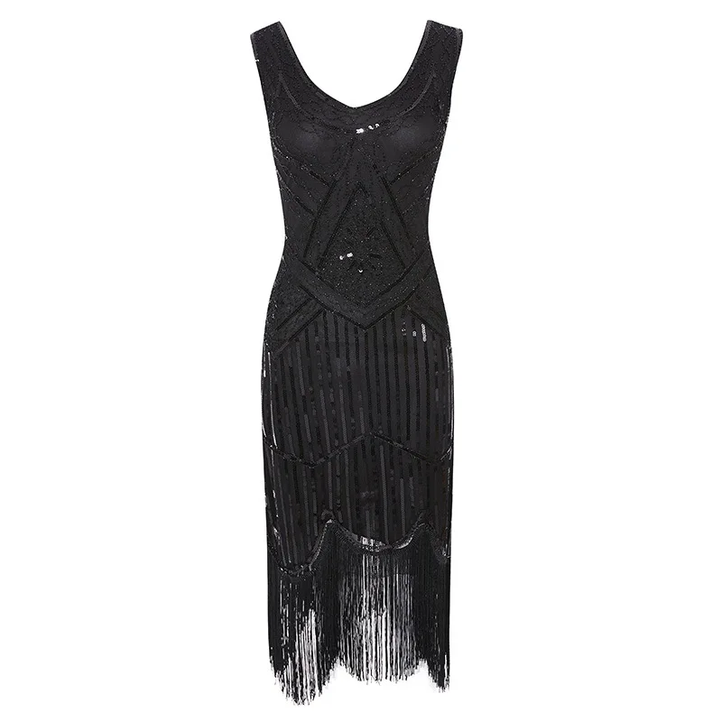 Женское винтажное платье с пайетками размера плюс 4XL 1920 s, украшенное бахромой, украшенное воодушевленными хлопушками, 20 s, платье Great Gatsby Vestidos - Цвет: Черный