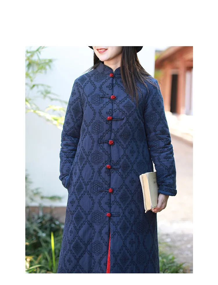 LZJN 2019 Winter Jacket Women Stand Collar Quilted Overcoat Long Chinese Parka Jacquard Autumn Coat Pocket Winterjas  (26)