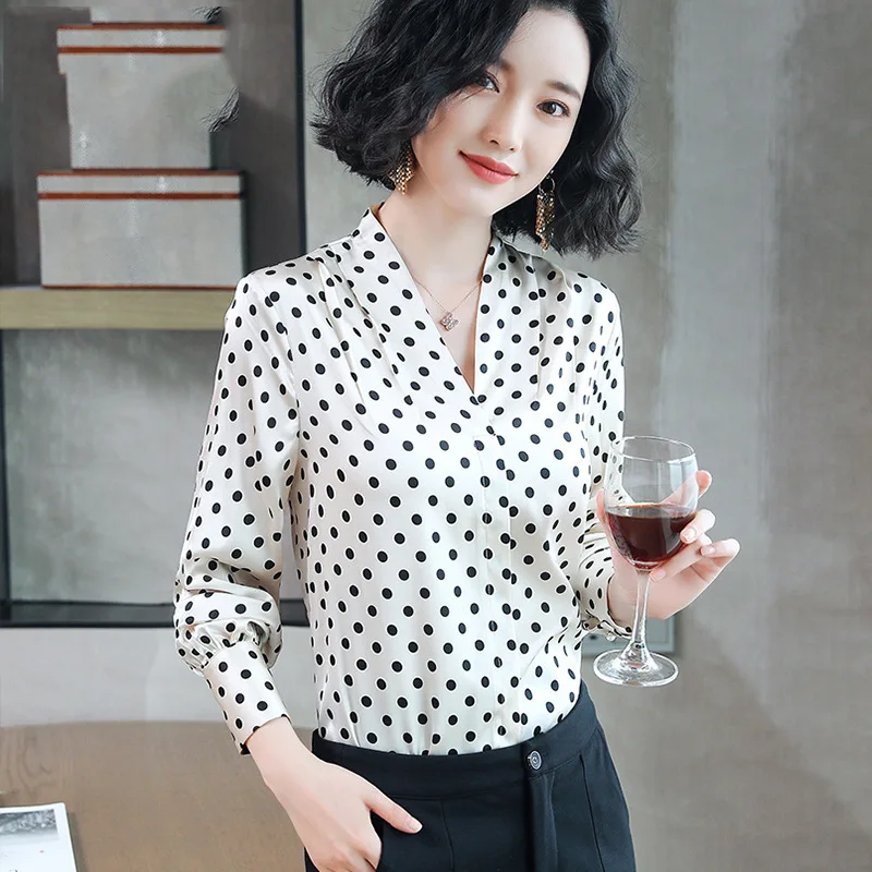 

Important Silk Shirts Women's 2019 Spring New Style Mulberry Silk Tops Elegant V-neck Polka Dot Slimming Long-sleeve Blouse OL