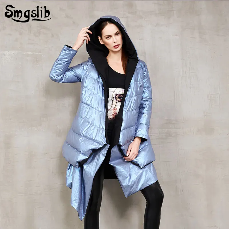 

2019 Winter women's down jacket lrregular double sides single breasted duck down solid casual streetwear Parkas warm pocket coat