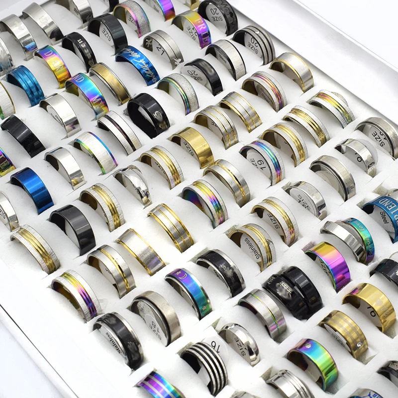50 Pieces Mix Stainless Steel Ring Wholesale Men Titanium Steel Black/Gold/Silver Color