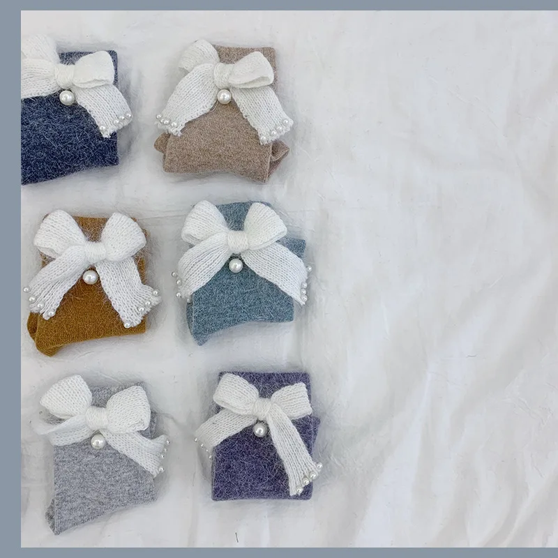 Винтажные носки с бантиком из кроличьей шерсти женские теплые однотонные японские носки средней длины в Корейском стиле короткие зимние женские носки