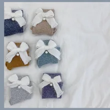 Винтажные носки с бантиком из кроличьей шерсти женские теплые однотонные японские носки средней длины в Корейском стиле короткие зимние женские носки